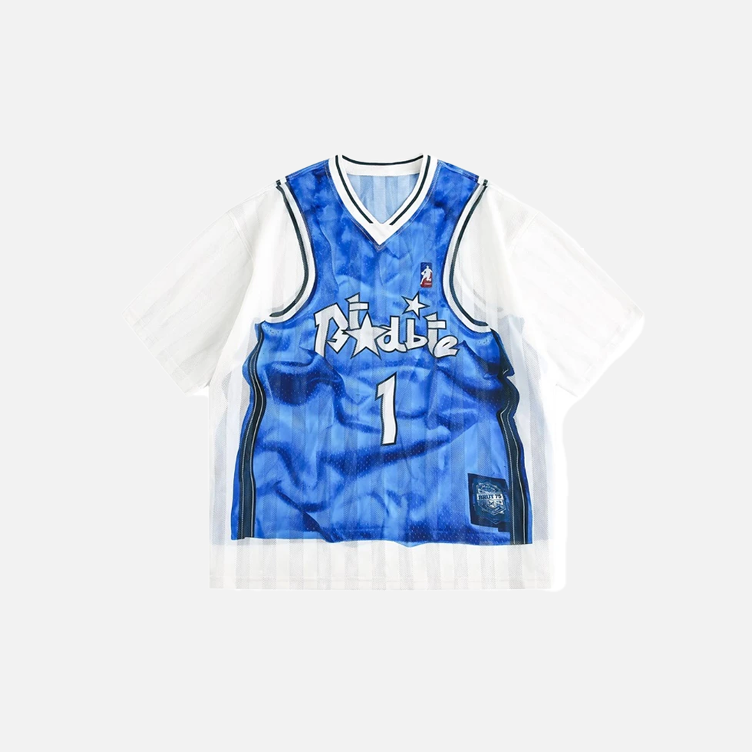 Fake Two Piece Graphic Print V-Neck Basketball T-Shirt - Luxuryurbanwear