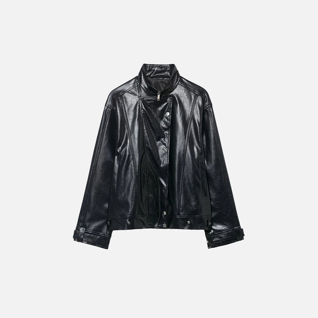 Vintage Gothic High Neck Zipper PU Leather Jacket - Luxuryurbanwear