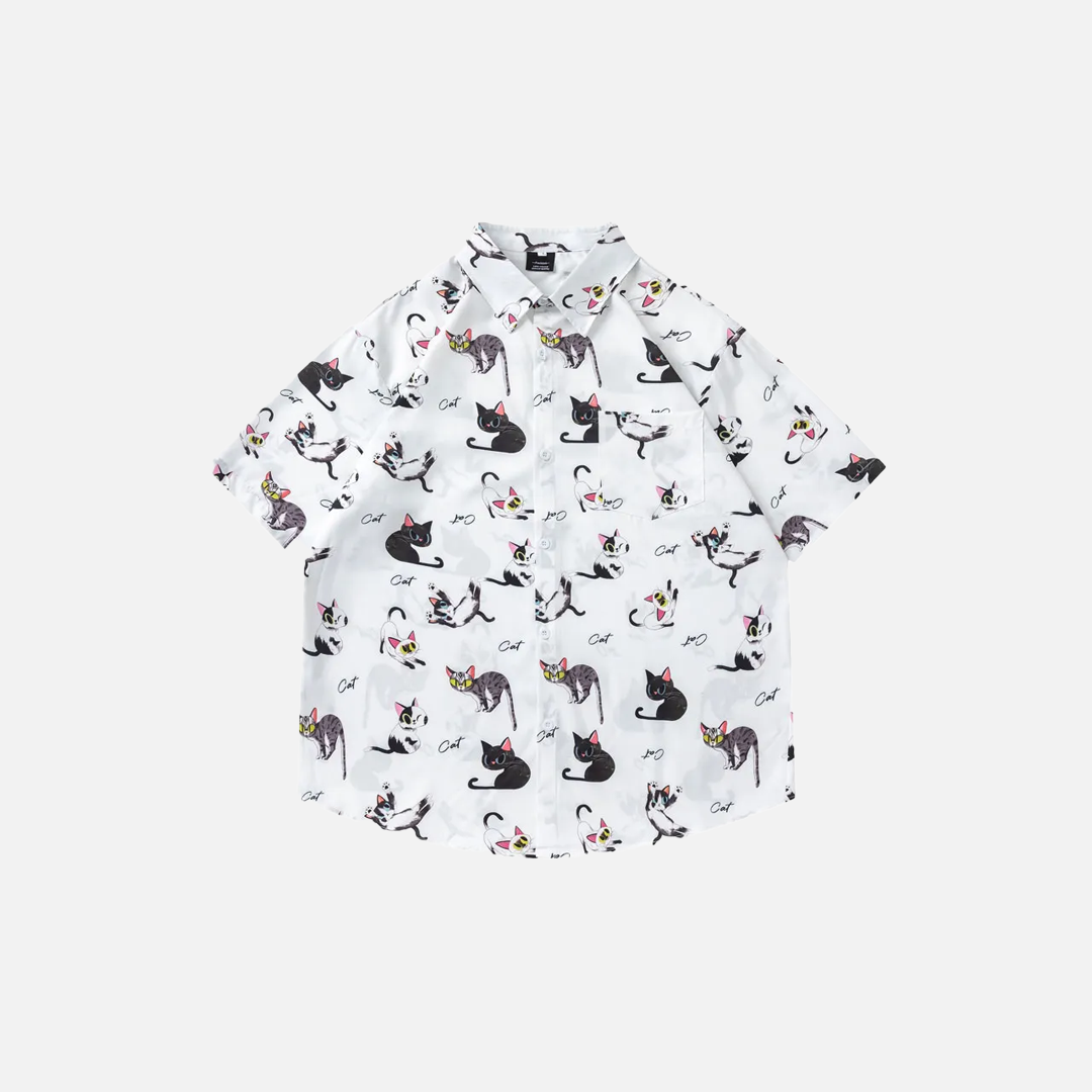 Y2K Funny Cat Graphic Lightweight Beach Shirt - Luxuryurbanwear