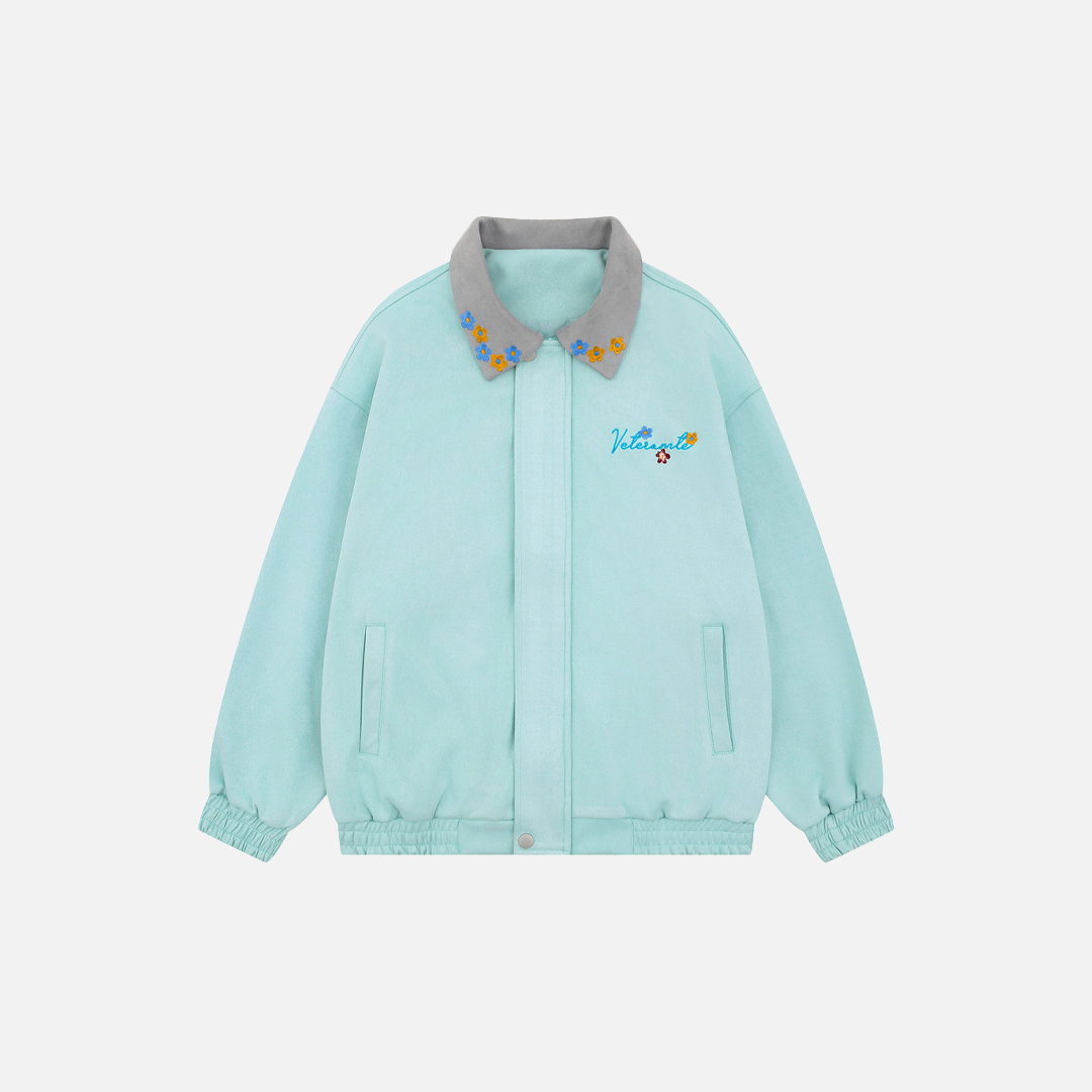 Floral Embroidered Oversized Contrast Collar Jacket - Luxuryurbanwear