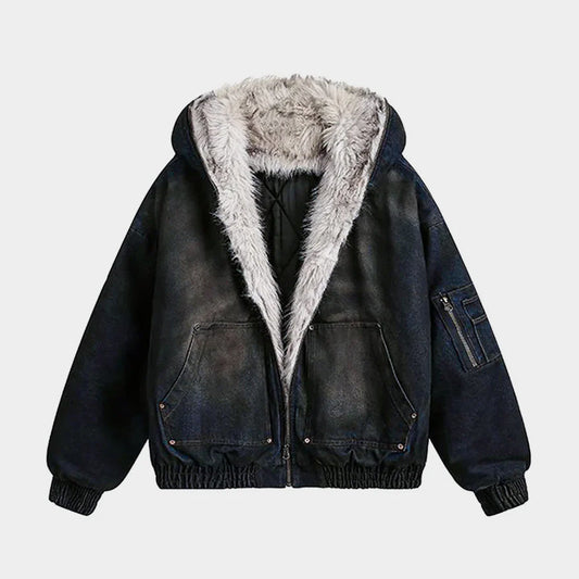 Washed Denim Fur | Hooded Jacket - Luxuryurbanwear
