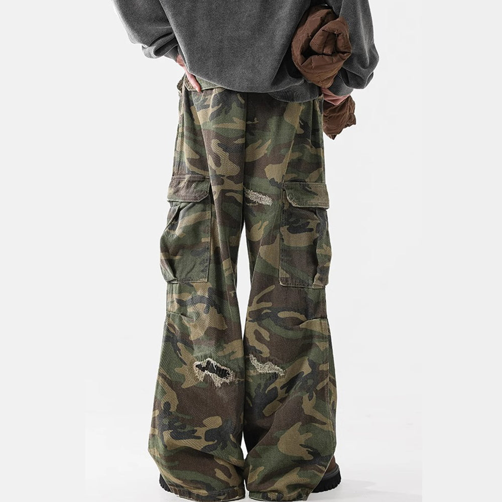 Ripped Camouflage Flared Cargos - Distressed Tactical Wide-Leg Pants | LuxuryUrbanwear - Luxuryurbanwear