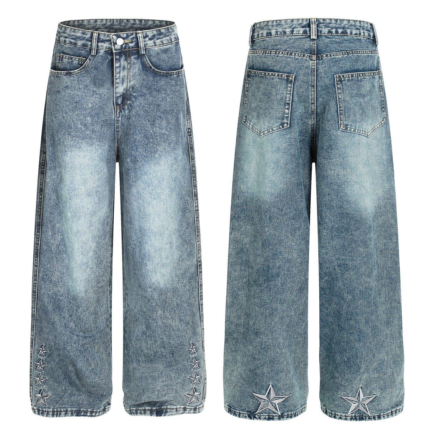 Star Stitching Washed | Wide Jeans - Luxuryurbanwear