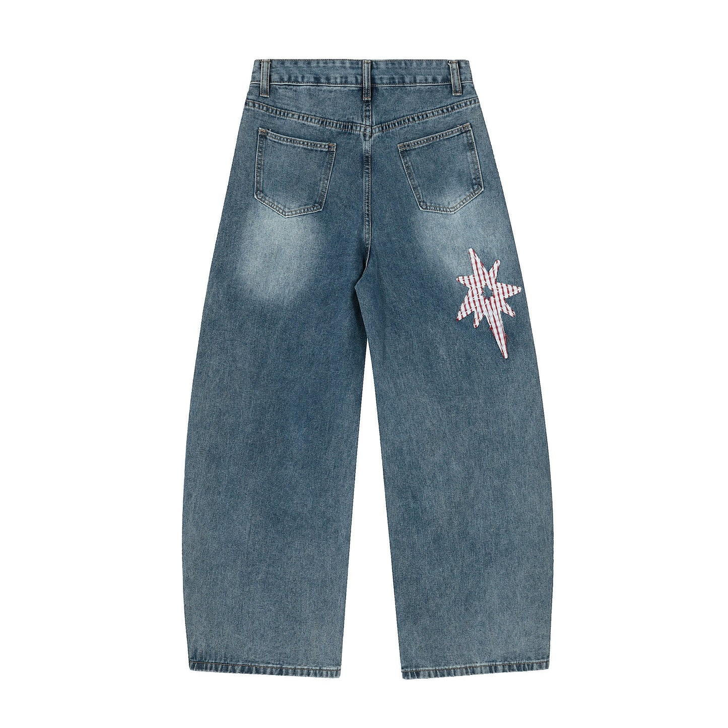 Gingham Star Patchwork Straight Denim - Designer Distressed Star Motif Jeans | LuxuryUrbanwear - Luxuryurbanwear