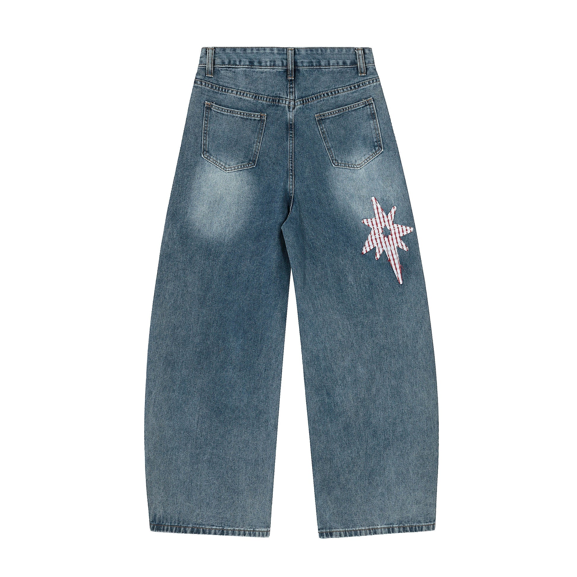 Gingham Star Patchwork Straight Denim - Designer Distressed Star Motif Jeans | LuxuryUrbanwear - Luxuryurbanwear