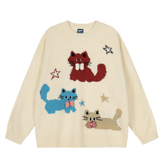 Bow Cats | Cozy Cartoon Knit Sweater - Luxuryurbanwear
