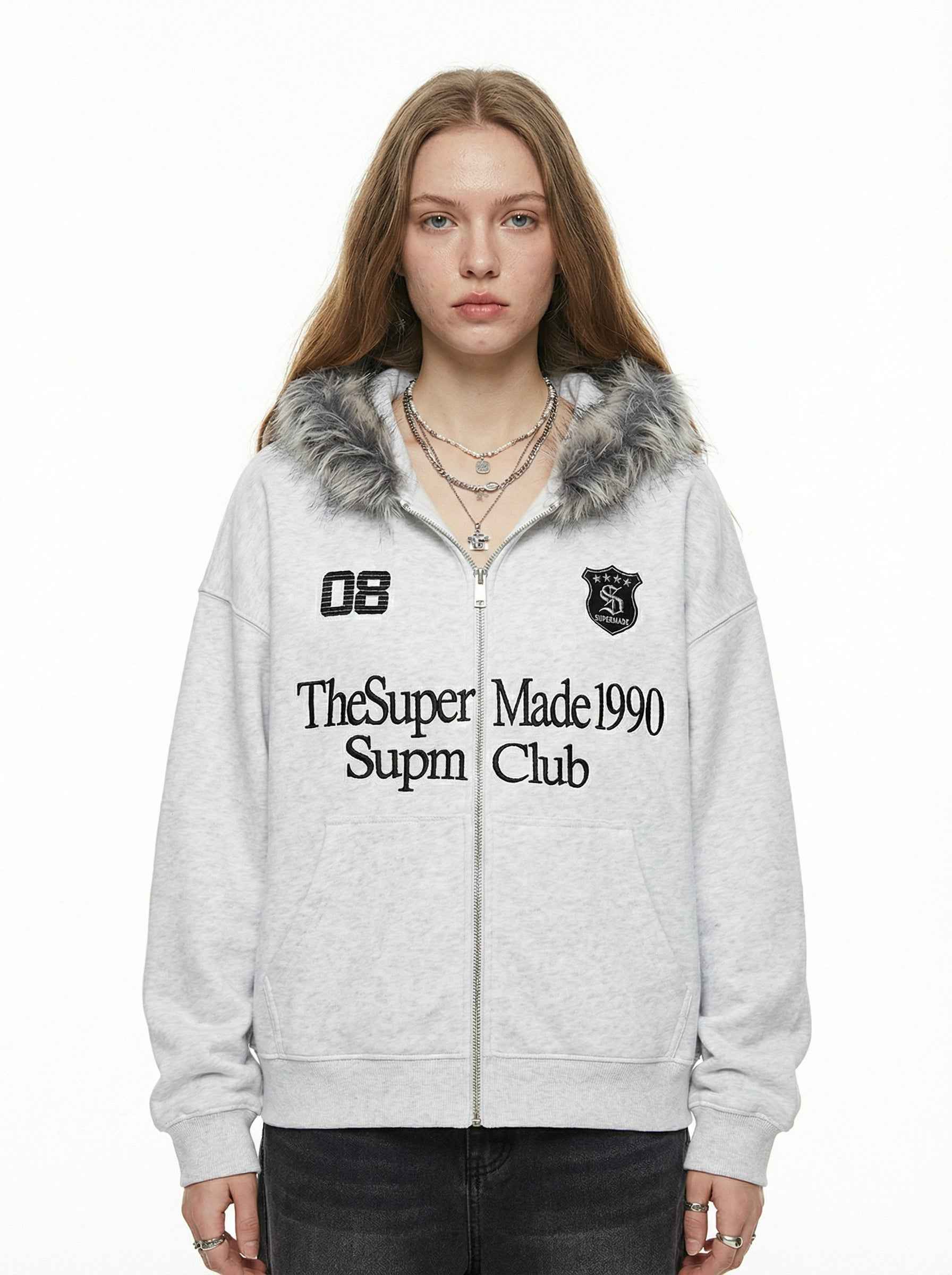 Letter Medal Embroidered Cardigan Fur Collar Zip Up Hoodie- 2502