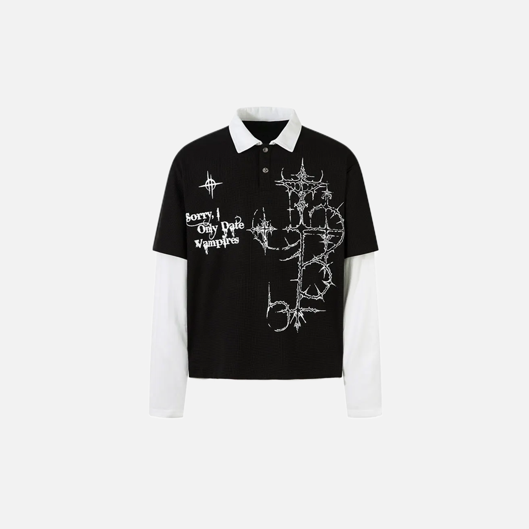 Graphic Print Fake Two Layered Long Sleeve T-Shirt - Luxuryurbanwear