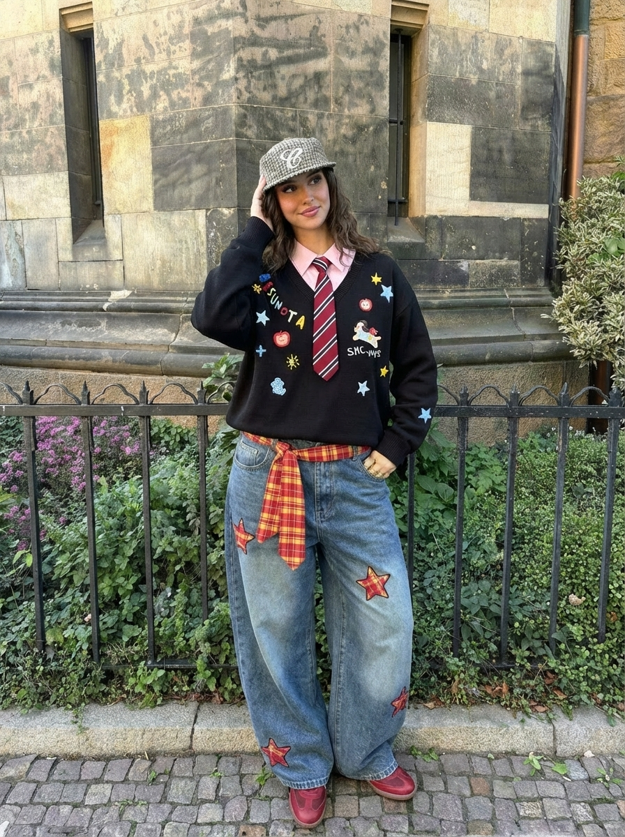 Y2K Unique Five-Star Wide Leg Denim Jeans - Luxuryurbanwear