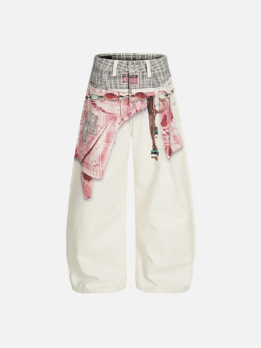 Versatile High Street Wide Leg Jeans - Baggy Denim with Integrated Scarf Detail