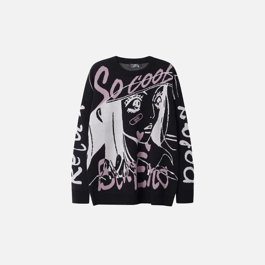 Cozy Oversized Japanese Cartoon Knit Sweater - Luxuryurbanwear