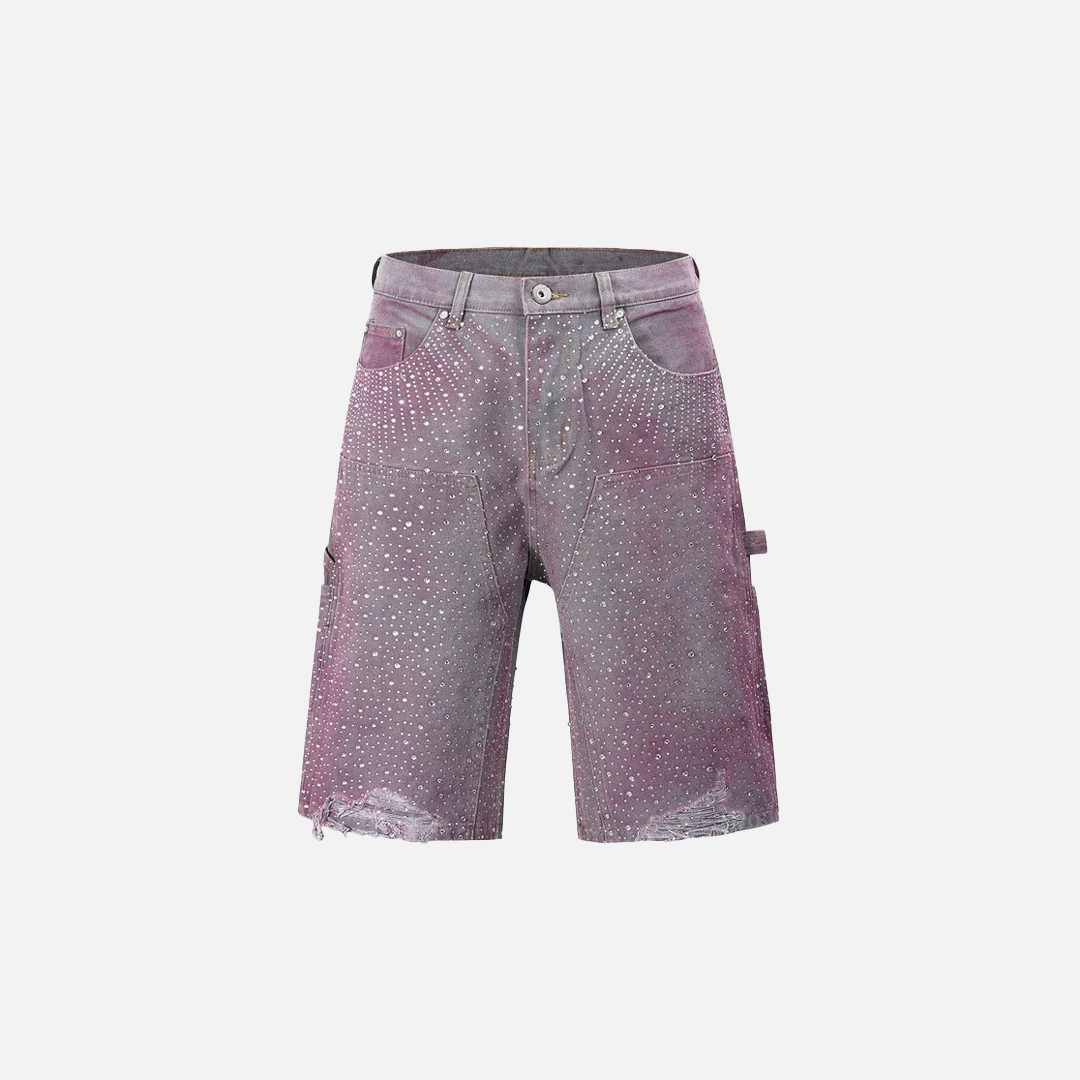 Streetwear Retro Rhinestone Distressed Denim Short - Luxuryurbanwear