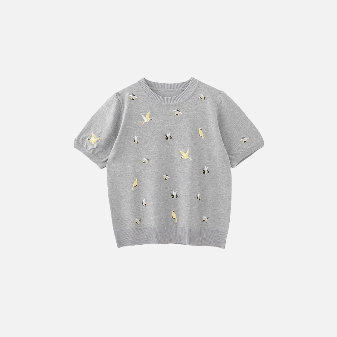Bird Embroidery Round Neck Casual T-Shirt - Luxuryurbanwear