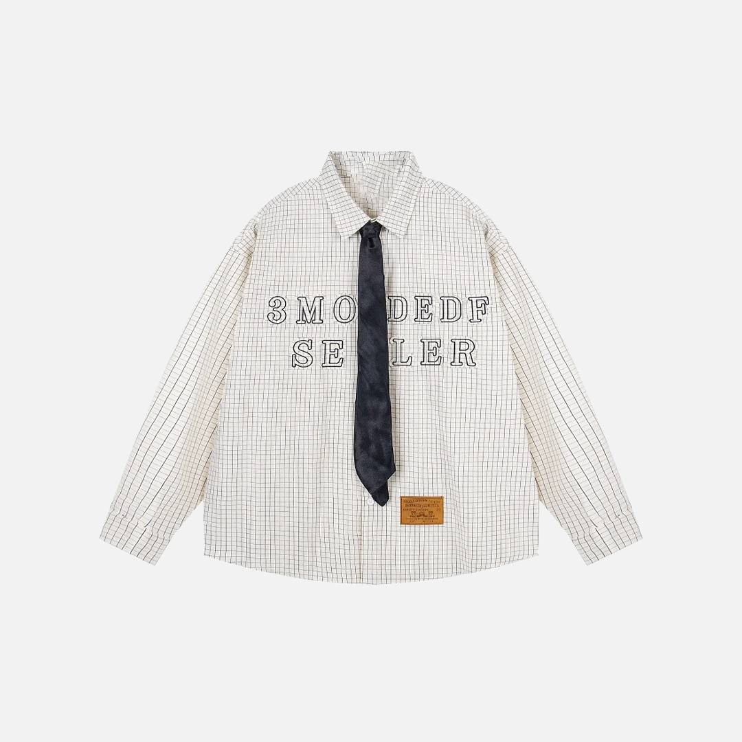 Retro Plaid Embroidered With Tie Long Sleeve Shirt - Luxuryurbanwear