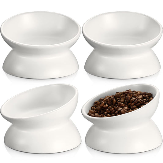 Didaey 4 Pcs Ceramic Raised Cat Food Bowls Elevated Cat Bowls Tilted Cat Food Bowls Dishes Whisker Fatigue Backflow Prevention Dishwasher and Microwave Safe Water and Food Bowls Set(White)