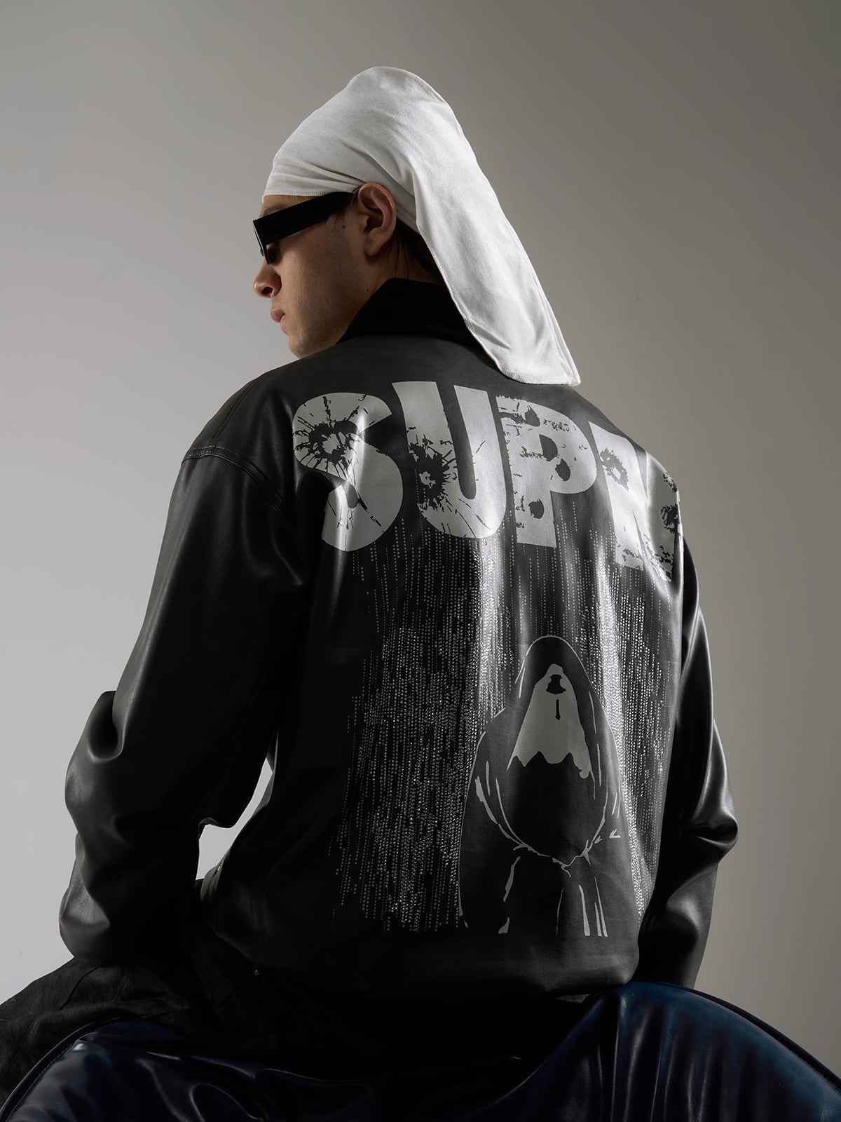 SUPM Fur Collar Rhinestone Pattern Leather Jacket - 2557