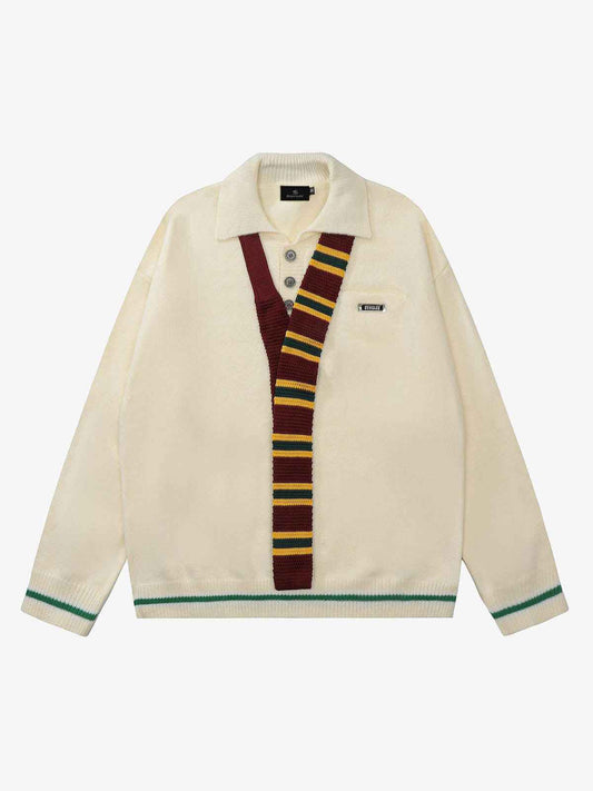 Retro Striped Contrast Panel Button-Up Collar Sweater