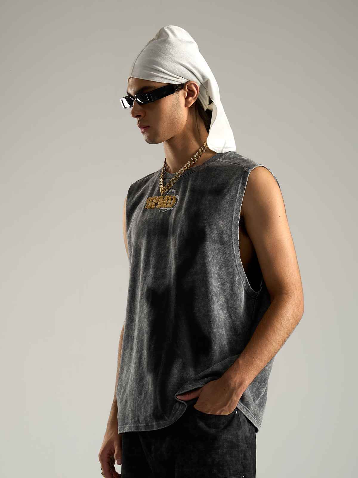 Cross-Print Distressed Washed Vest