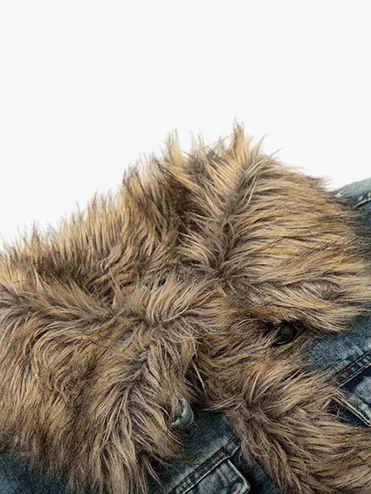 Vintage Faux Fur Trim Washed Padded Denim Jacket