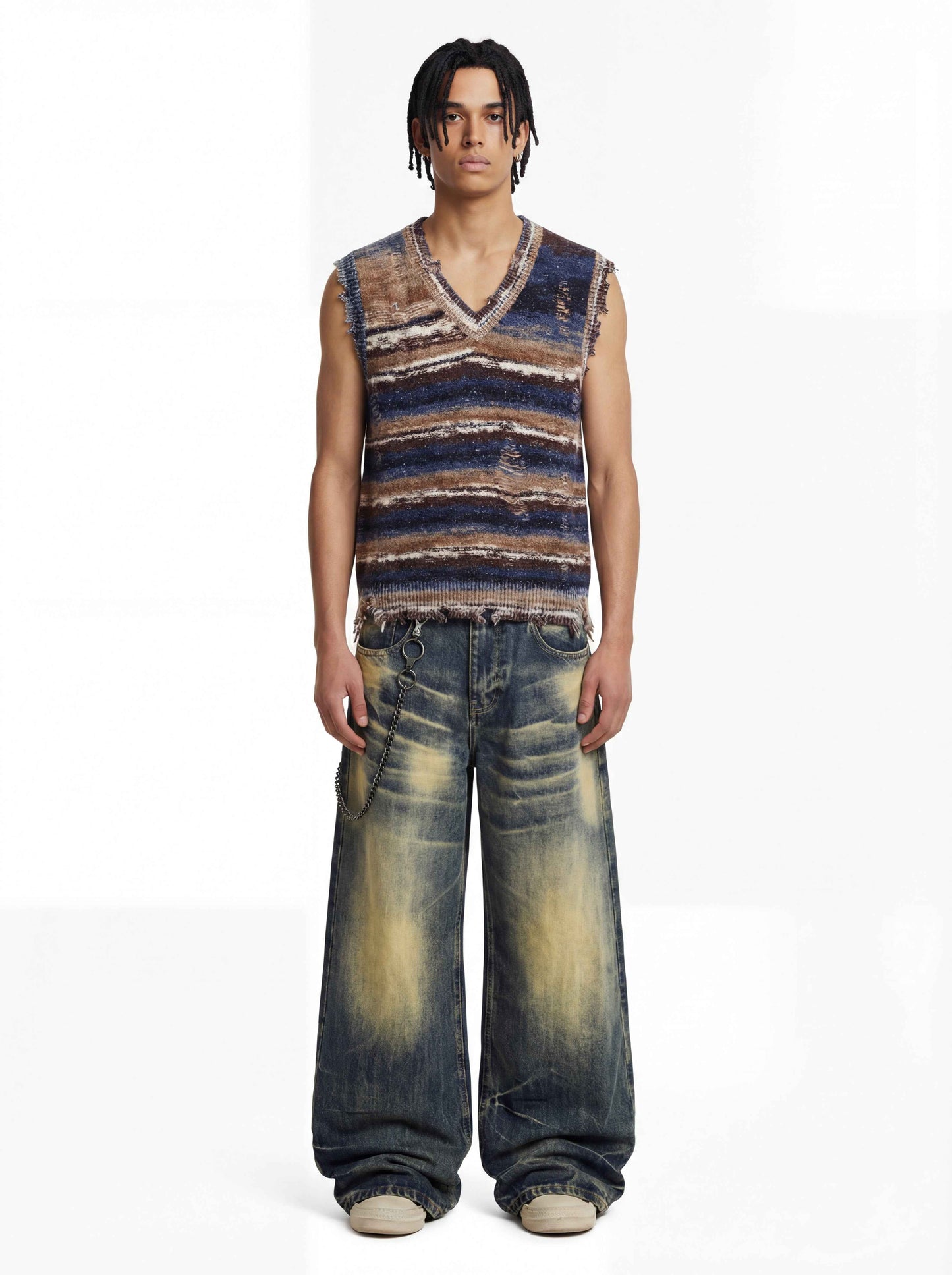 Frayed Edge Striped V Neck Knit Vest