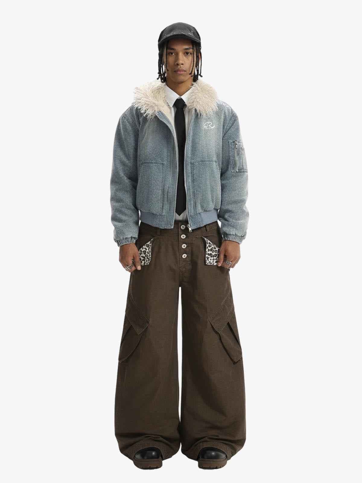 Washed Embroidered Fur-Lined Denim Bomber Jacket
