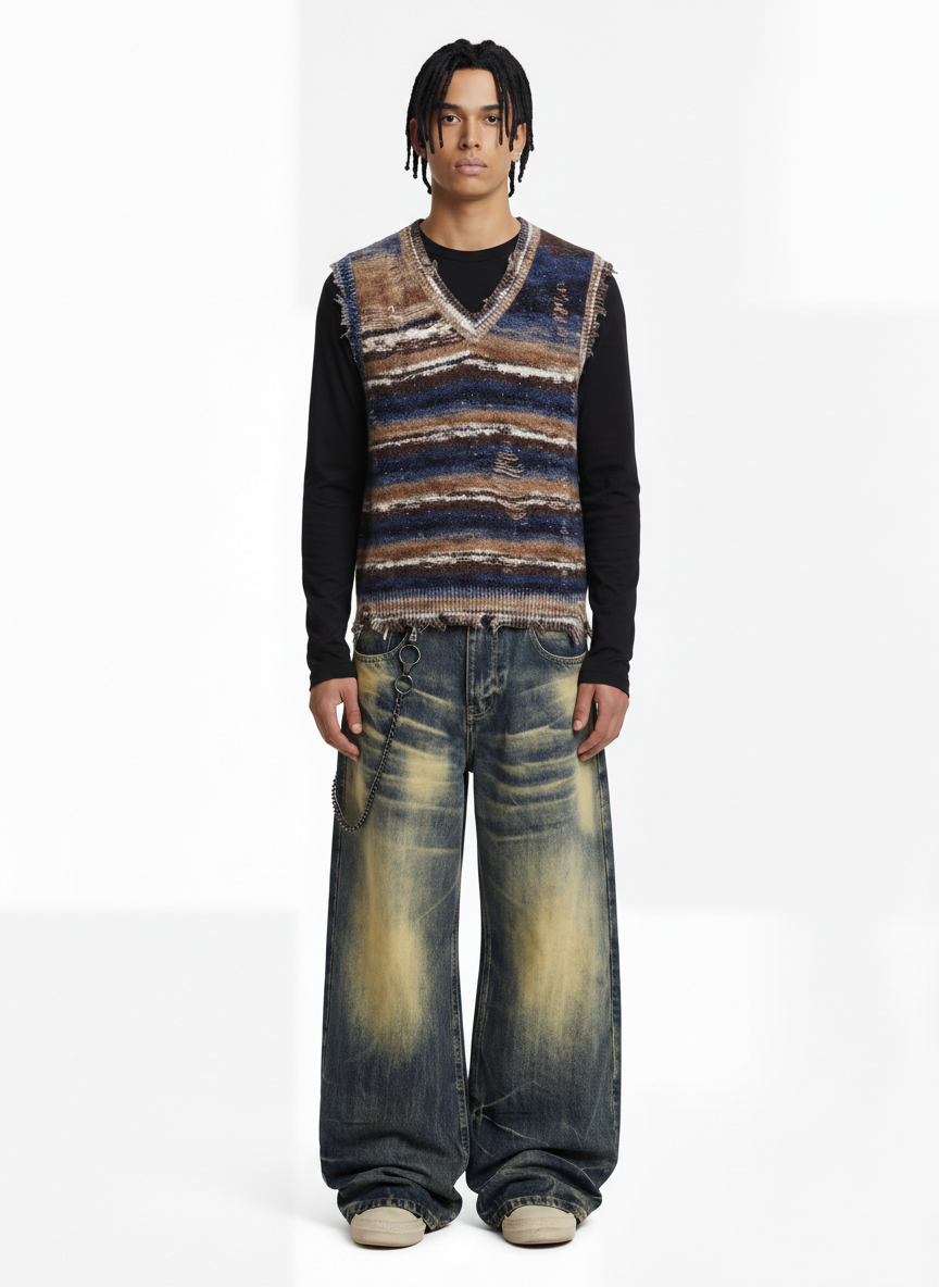 Frayed Edge Striped V Neck Knit Vest - Luxuryurbanwear