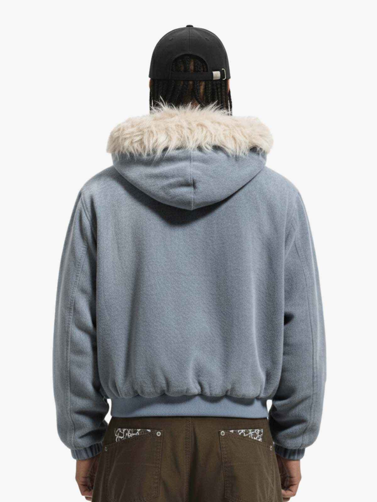 Washed Embroidered Fur-Lined Denim Bomber Jacket