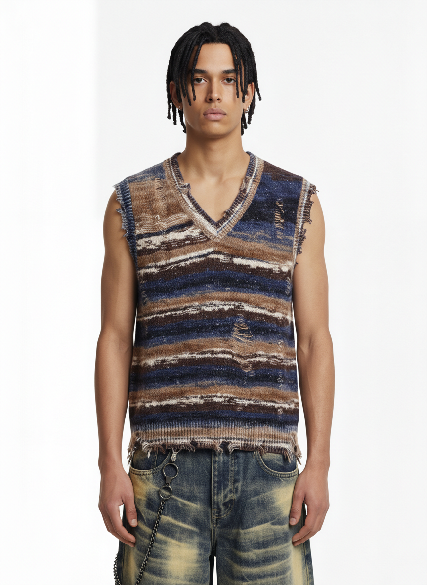 Frayed Edge Striped V Neck Knit Vest - Luxuryurbanwear