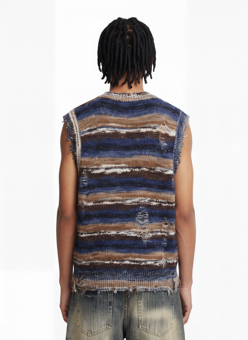 Frayed Edge Striped V Neck Knit Vest - Luxuryurbanwear