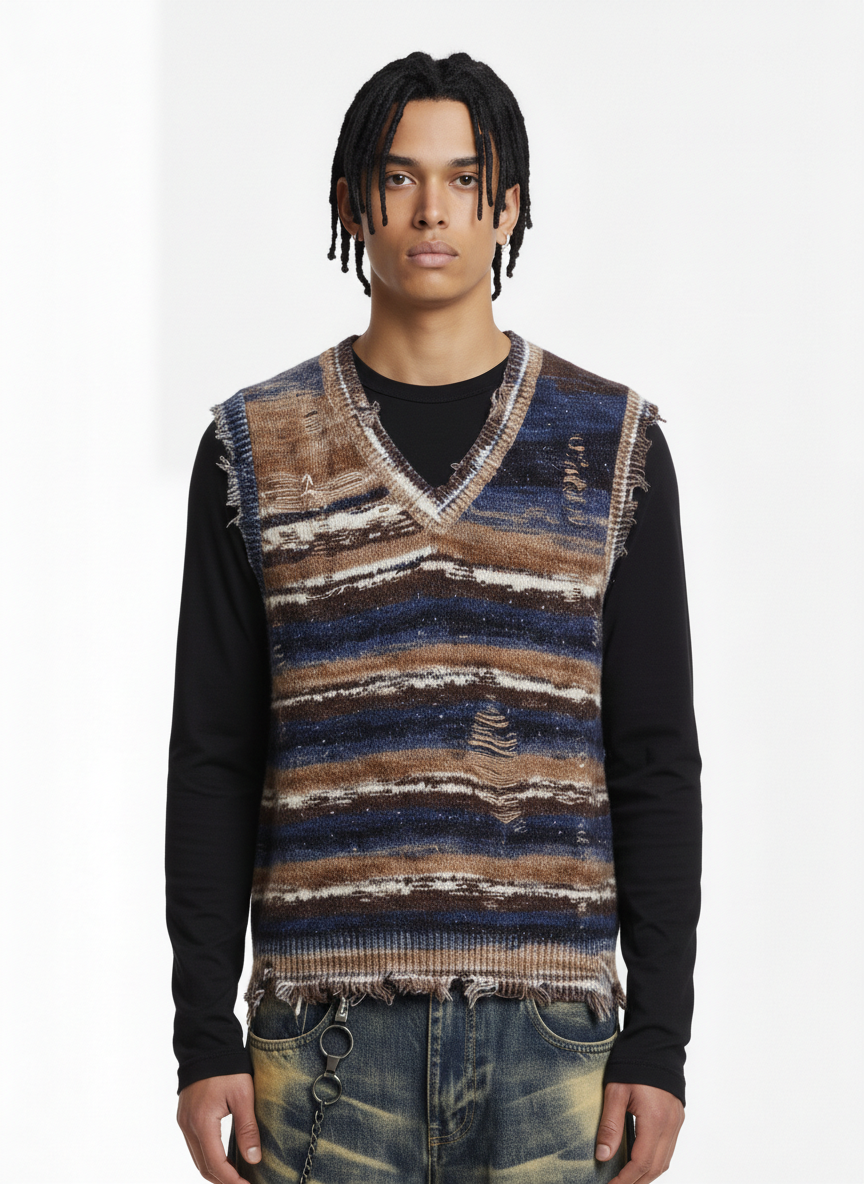 Frayed Edge Striped V Neck Knit Vest - Luxuryurbanwear