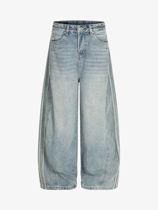 Retro Washed Side Striped Barrel Denim Jeans