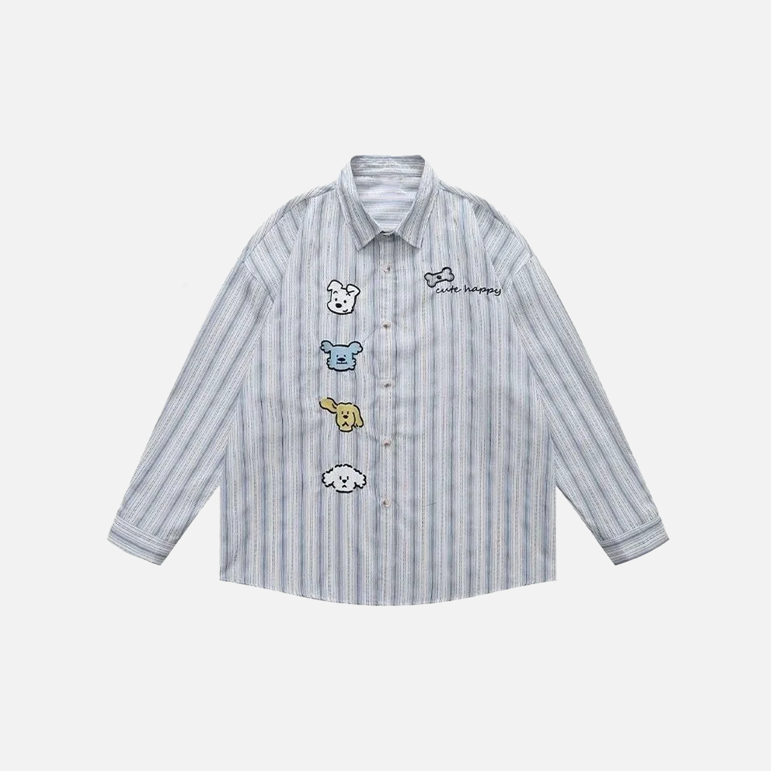 Casual Striped Dog Embroidered Long Sleeve Shirt - Luxuryurbanwear