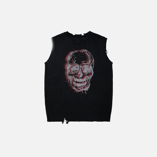 Gothic Oversized Skulls Graphic Sleevless Ripped Sweater - Luxuryurbanwear