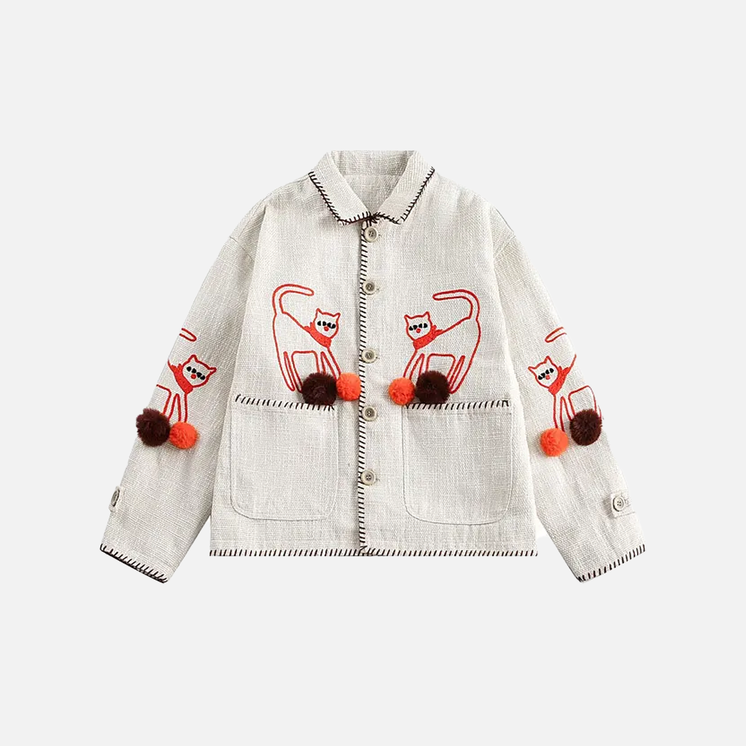 Embroidered Red Cat Garment Linen Jacket - Luxuryurbanwear