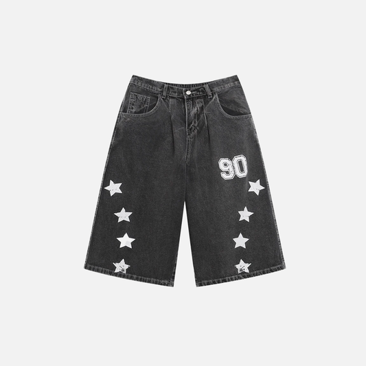 Summer Vintage Star Letter Printed Washed Denim Short - Luxuryurbanwear
