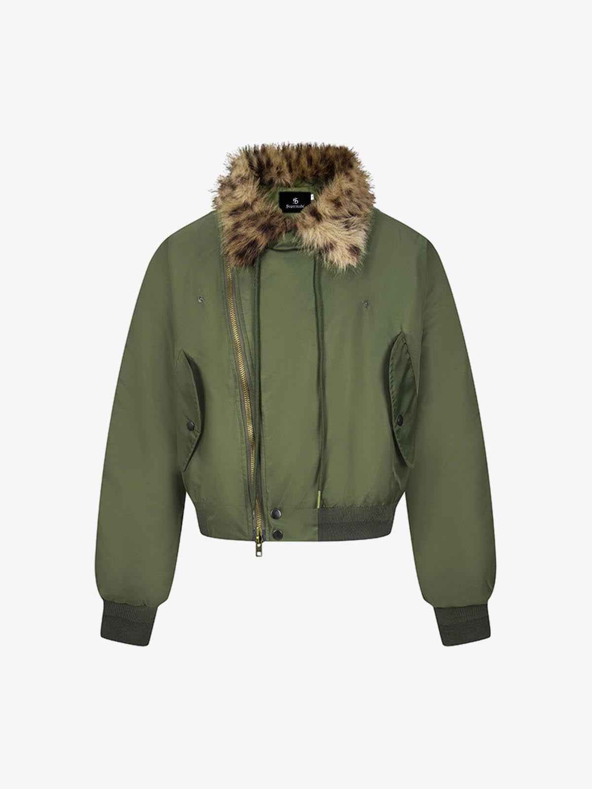 Retro Leopard Fur Collar Asymmetrical Zip Padded Jacket