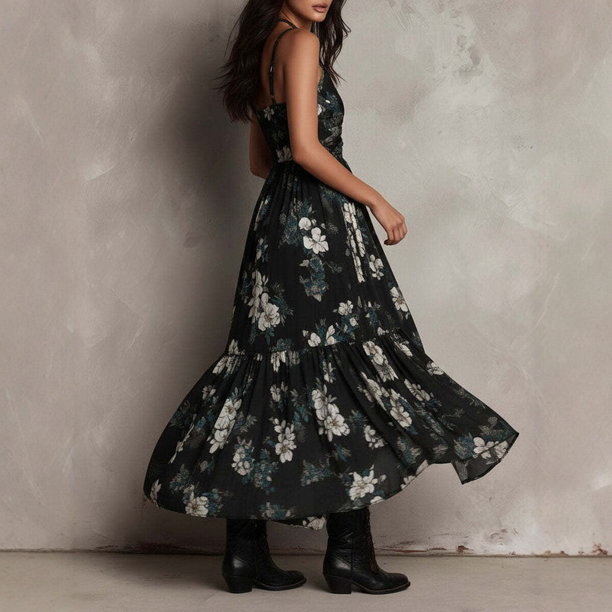 New style printed camisole dress for women, V-neck, waist cinched, high slit long skirt, fashionable vacation dress