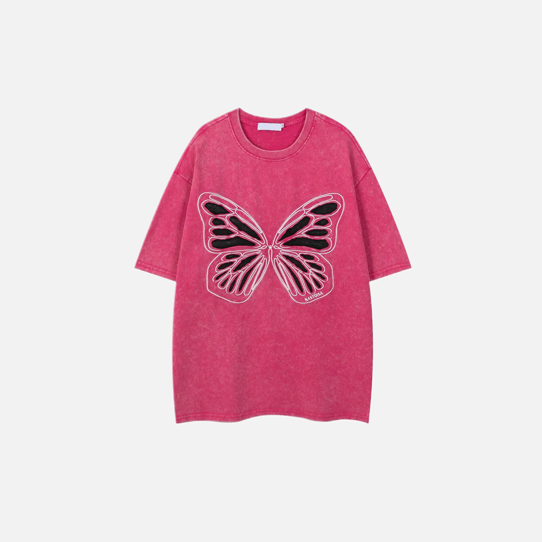 Women Butterfly Patch Oversized Cute Washed T-Shirt - Luxuryurbanwear