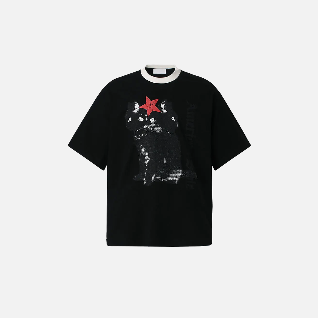Perfect Fit Black Star Graphic Cat Print Cotton T-Shirt - Luxuryurbanwear