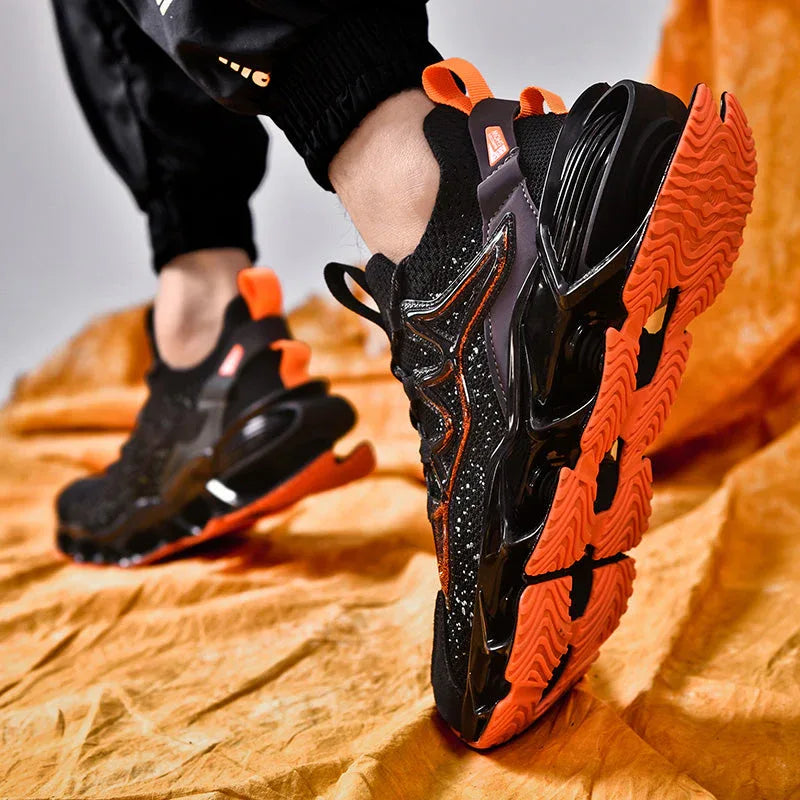 Rear view of Nova Sole T84 Sneakers in black and orange worn with joggers - LUXURYURBANWEAR fashion sneakers.
