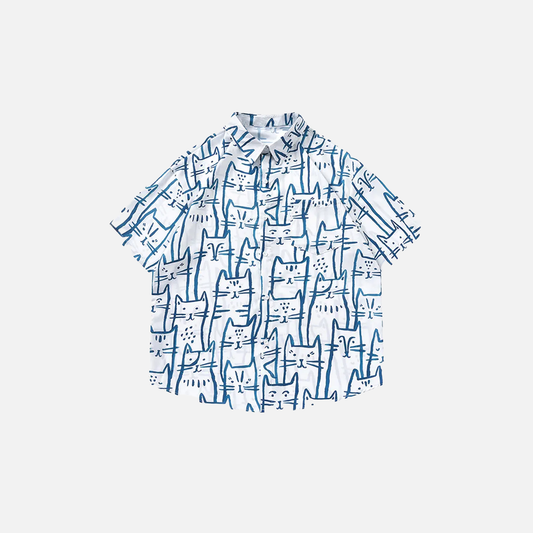 Funny Cartoon Cats Graphic Print Oversize Shirt - Luxuryurbanwear