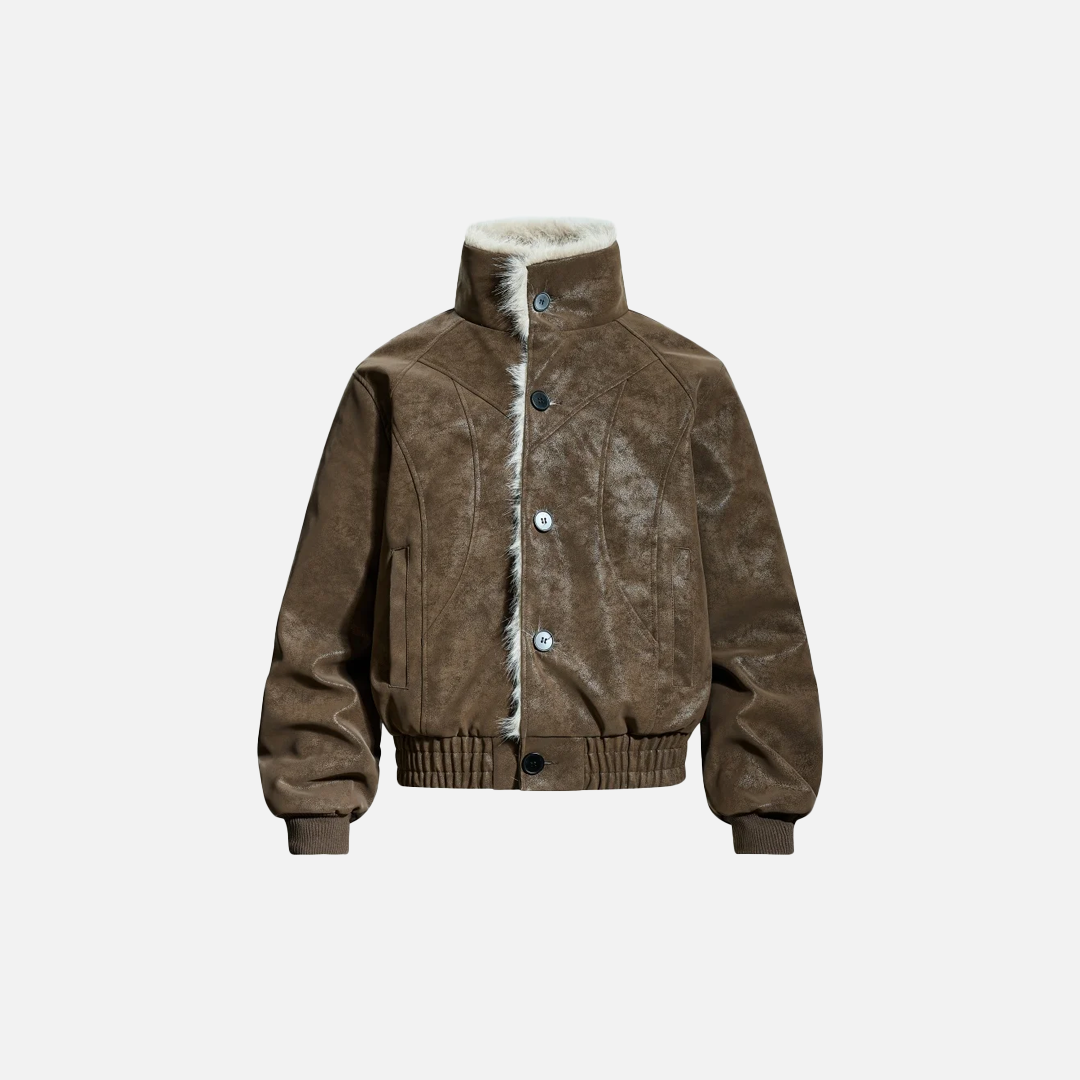 Retro Spliced Turn Down Collar Fur Leather Jacket - Luxuryurbanwear