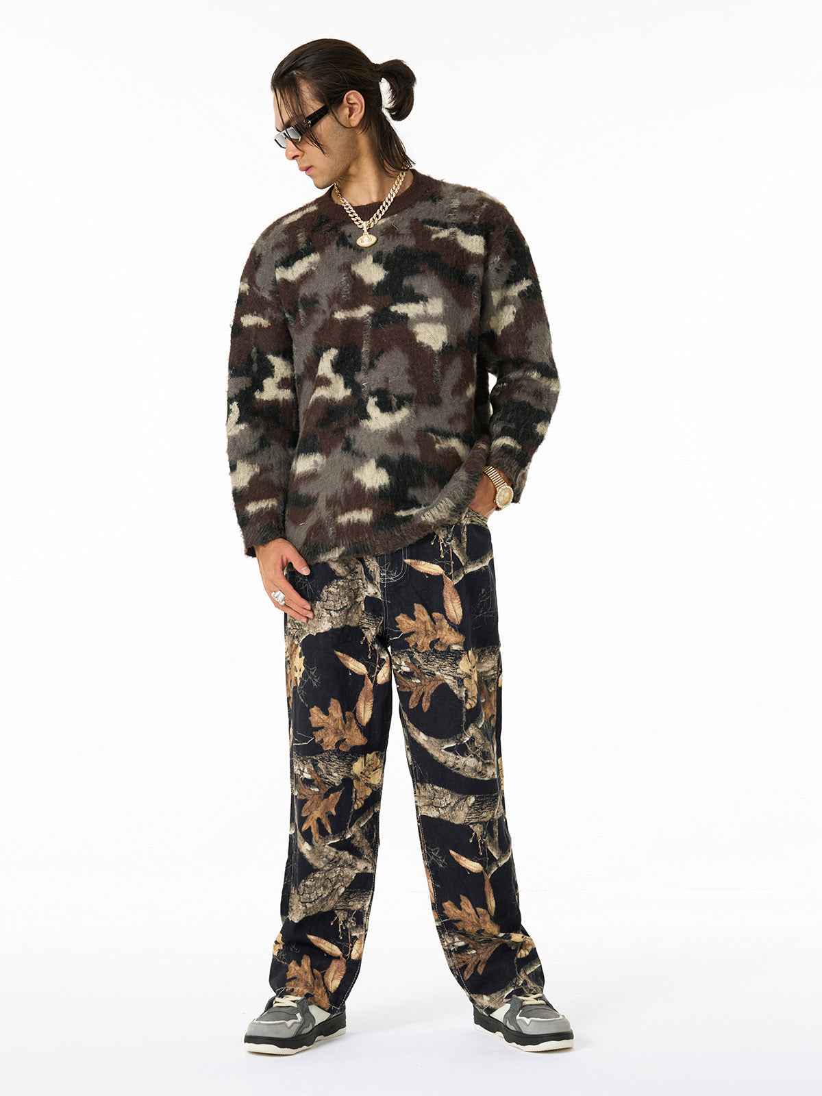 Vintage Washed Distressed Leaf Camouflage Jeans