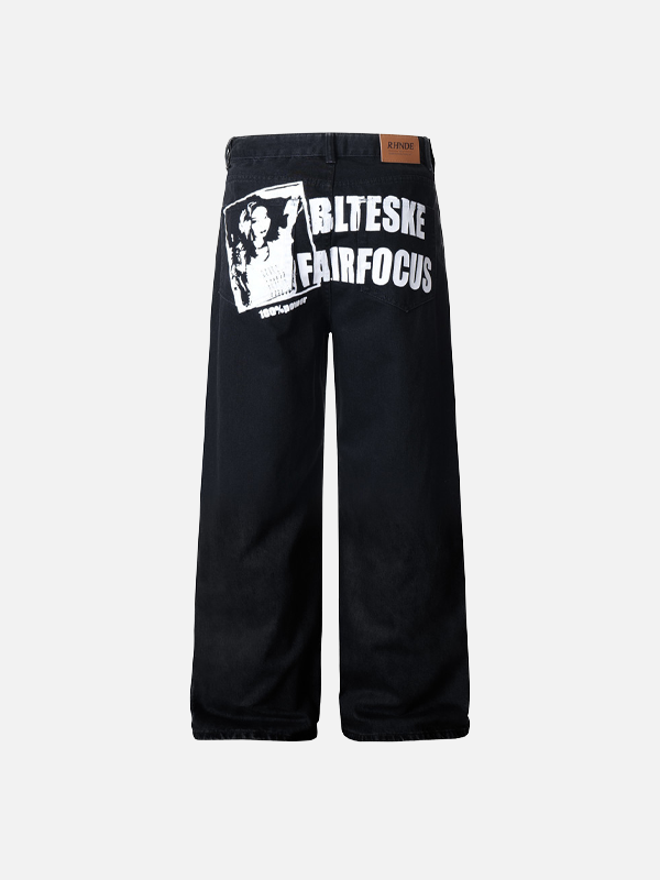 Vintage Style Letter Print Washed Denim Jeans - Luxuryurbanwear