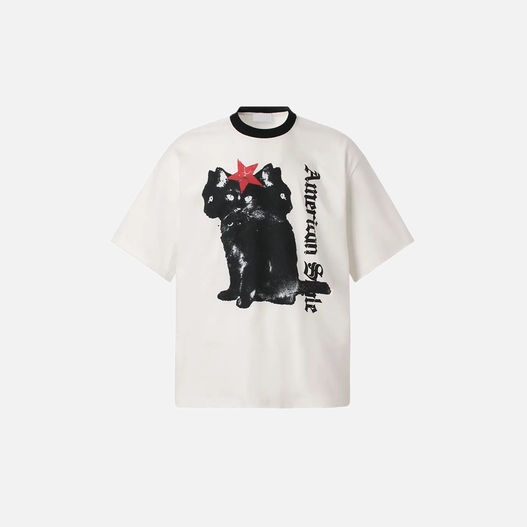 Perfect Fit Black Star Graphic Cat Print Cotton T-Shirt - Luxuryurbanwear