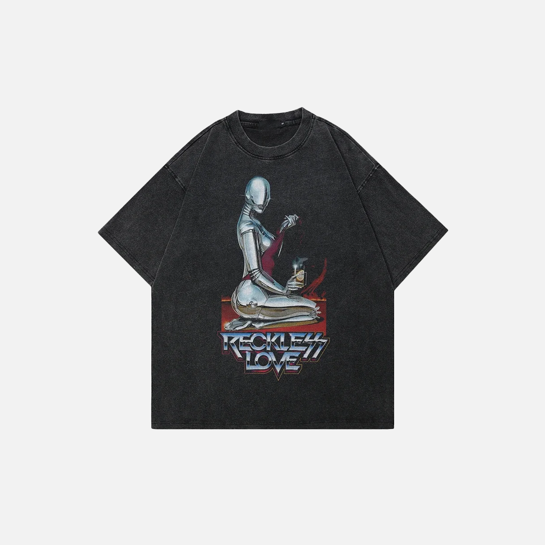 Retro Vintage Washed Black Robot T-Shirt - Luxuryurbanwear
