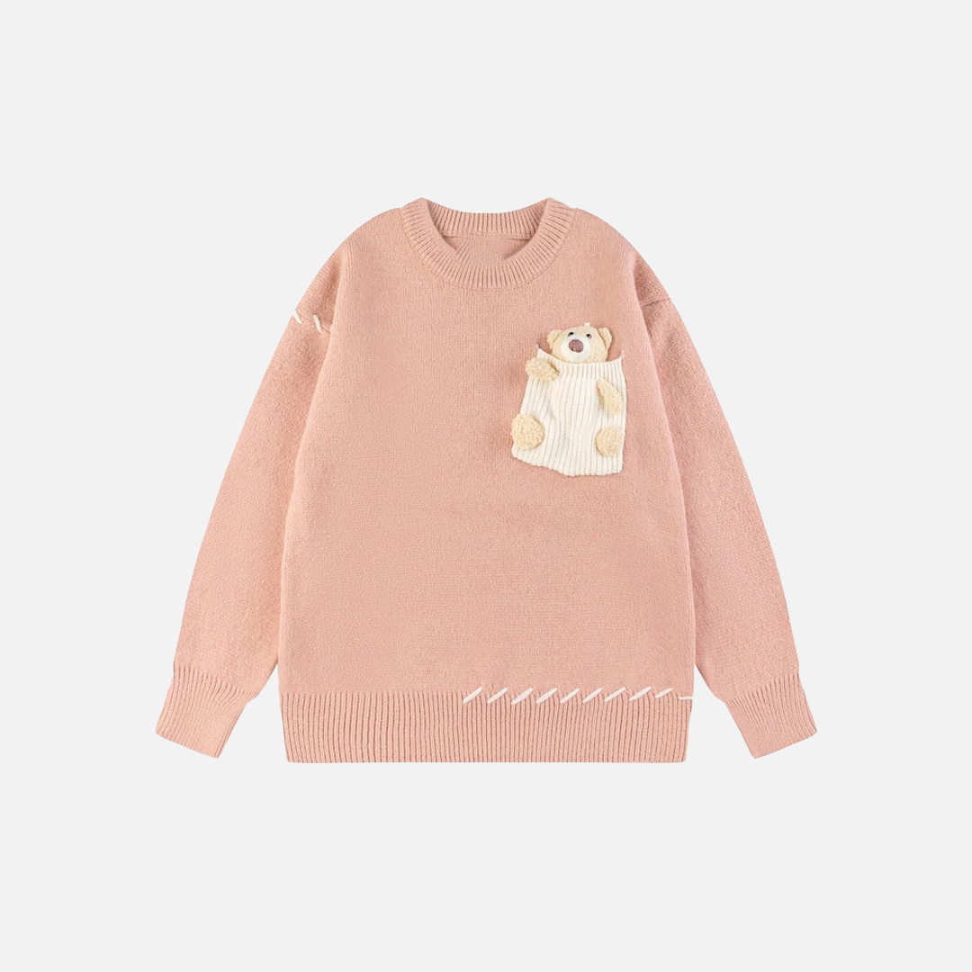 Y2K Cozy Bear Pocket Knitted Sweater - Luxuryurbanwear