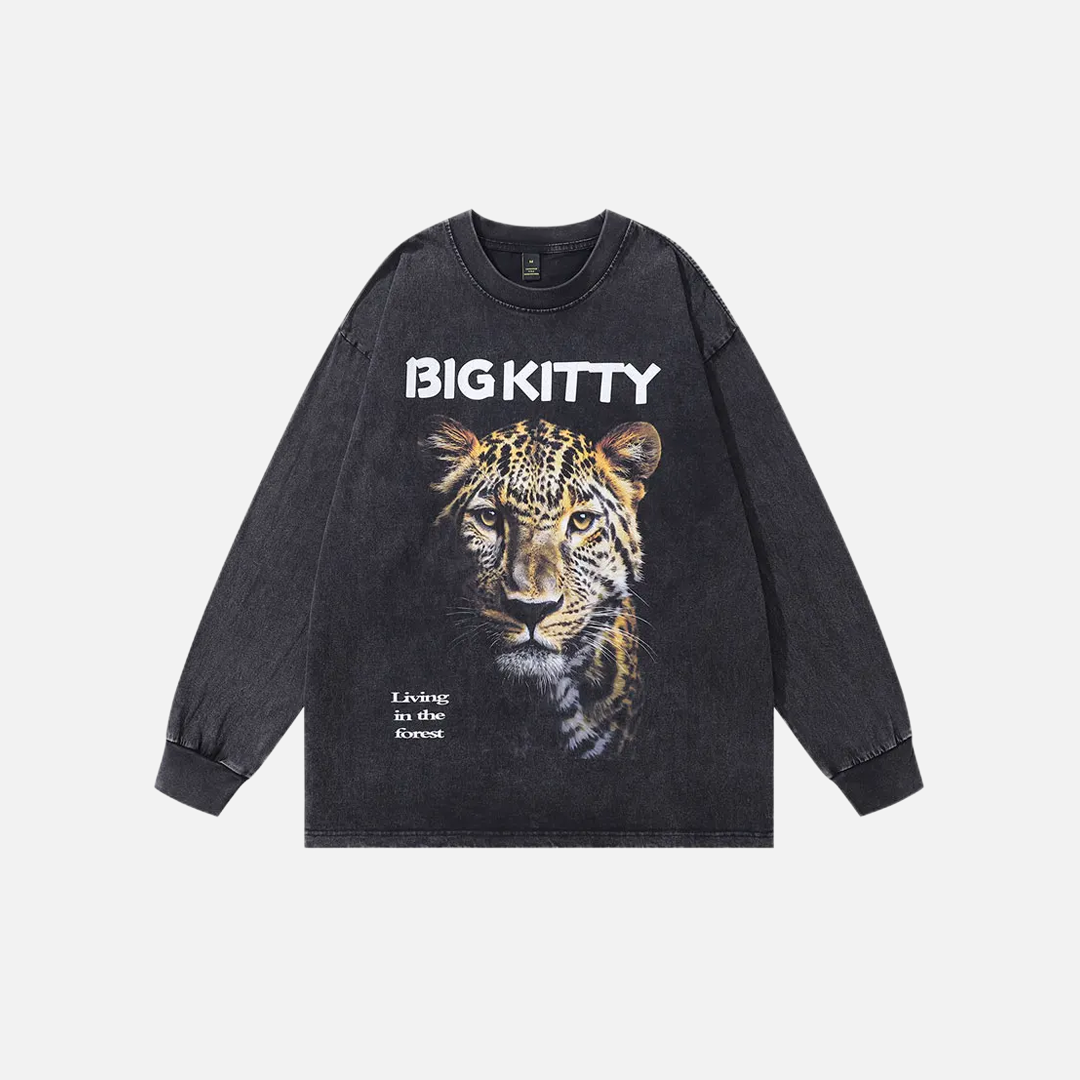 Oversized Washed Black Tiger Graphic Long Sleeve T-Shirt - Luxuryurbanwear