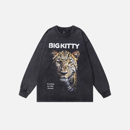 Oversized Washed Black Tiger Graphic Long Sleeve T-Shirt - Luxuryurbanwear