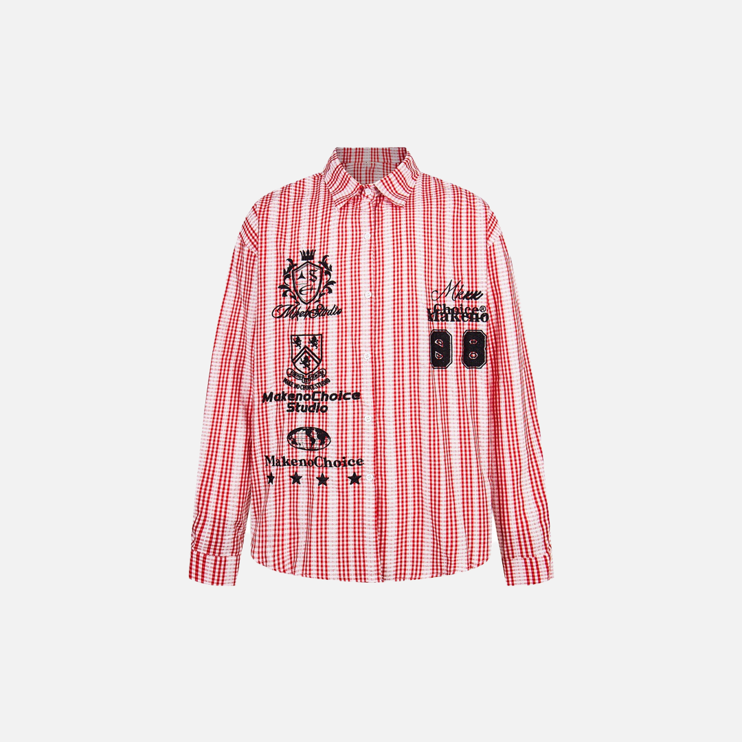 Vintage Vibe Badge Embroidered Plaid Long Sleeve Shirt - Luxuryurbanwear